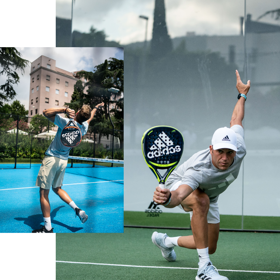 Alex Ruíz serving with a padel racquet on a blue court and Seba Nerone reaching with his padel racquet 